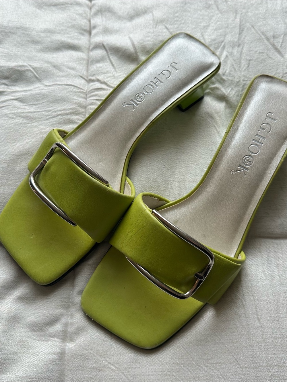 Lime Green Buckle Slide Heels